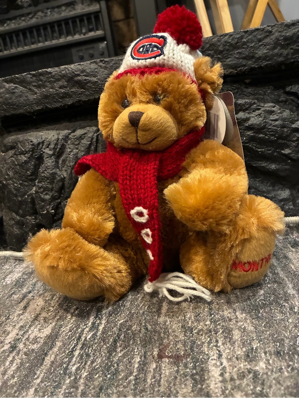 NHL Brown Plush Bear with Red and White Knit Hat and Red Scarf